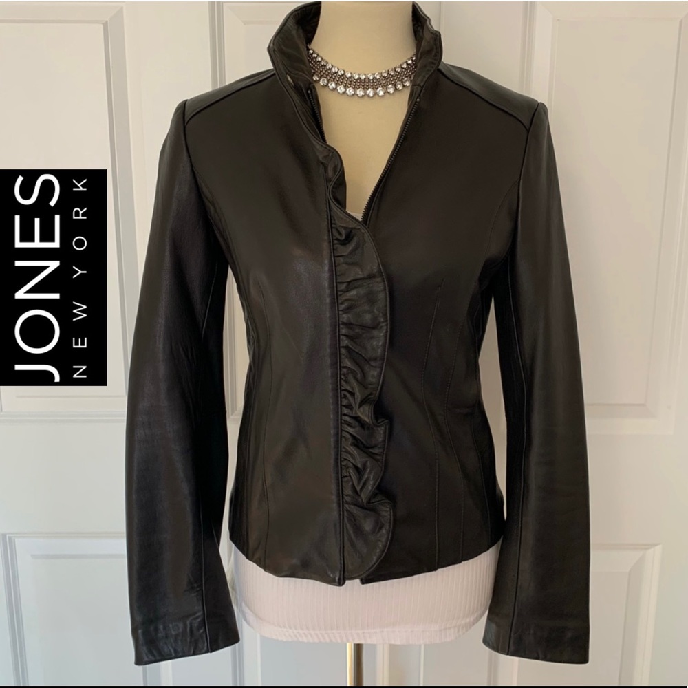 ❤️‍🔥Jones New York Black Leather Ruffle Jacket